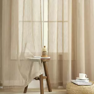 Short Curtains Beige Semi Sheer Kitchen Lace Window Curtain Panels Stripe, Set o - Picture 1 of 7