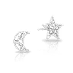 Sterling Silver Star and Moon Stud Earrings with Cubic Zirconia, 11mmx10mm - Picture 1 of 6