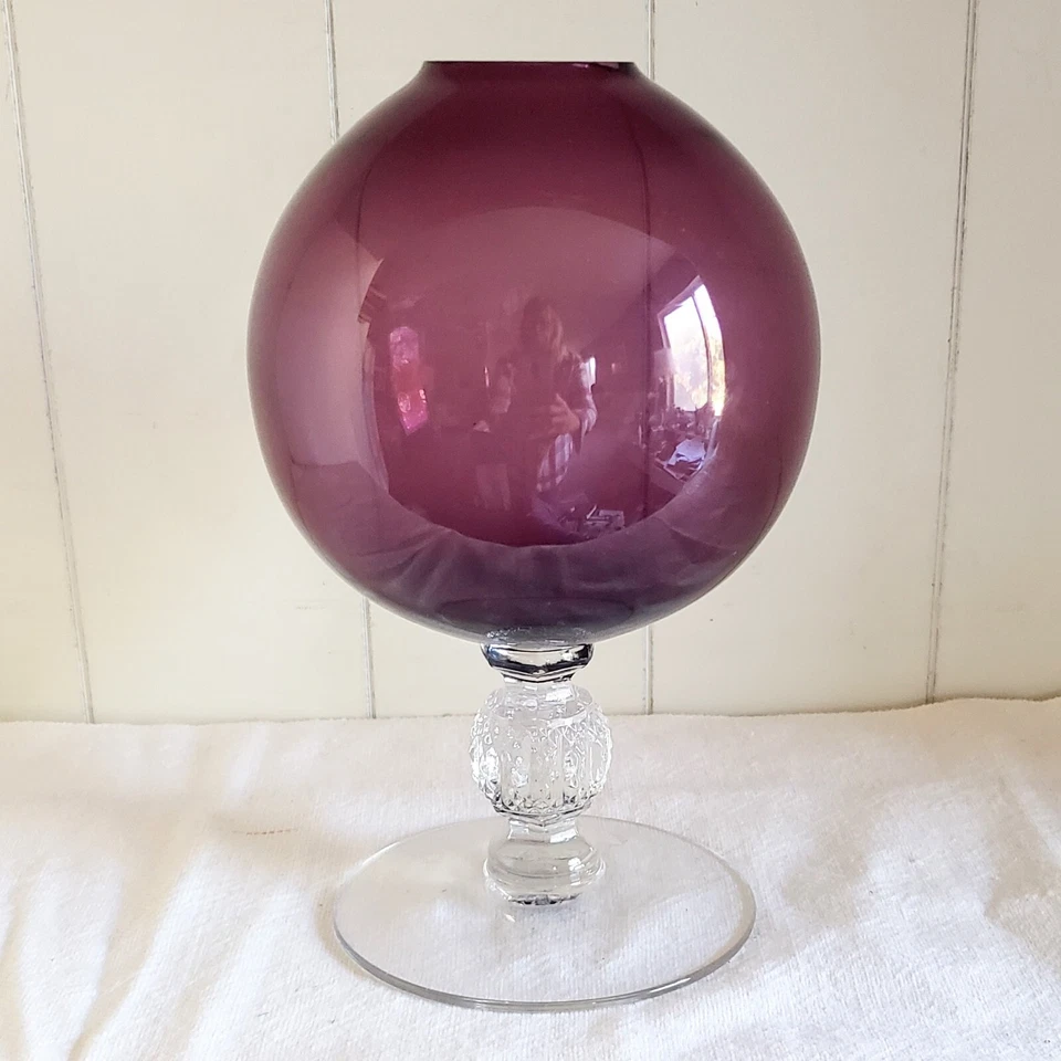 Jarrón de hiedra con tallo transparente bola orbe vidrio amatista púrpura vidrio Cambridge vintage de 7" Foto 1 de 4