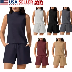 Two Piece Sets Women Summer Lounge Mock Neck Tops High Waisted Shorts Lounge Set - Picture 1 of 43