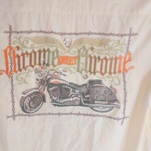 Harley Davidson Mens Medium Ivory Chrome Sweat Chrome Embroidered 70% Silk Shirt