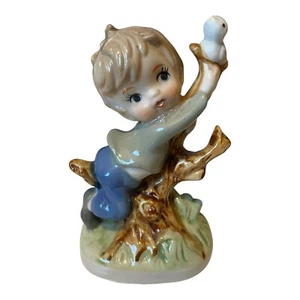 Vintage S breitäugiges Mädchen Keramik Figur Baum Vogel Ornament Retro 70er - 80er Jahre - Bild 1 von 15