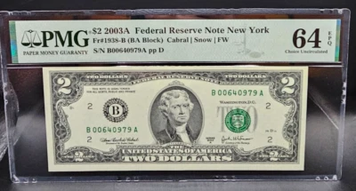 $2 2003A FRN New York Fr#1938-B (BA Block) PMG 64 EPQ Choice Uncirculated! - Image 1 of 2