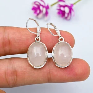 Natural Rose Quartz Gemstone Handmade 925 Sterling Silver Jewelry Earring Gift - Picture 1 of 5