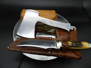 CASE XX Stag Handle Knife Hatchet Combo 1935 Patent Date Belt Sheath Bowie Rare