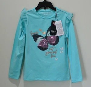 NWT GIRLS KIDS GUESS LONG SLEEVE T-SHIRT LT BLUE BUTTERFLY TEE SHIRT SZ 3 4 5 6 - Picture 1 of 5