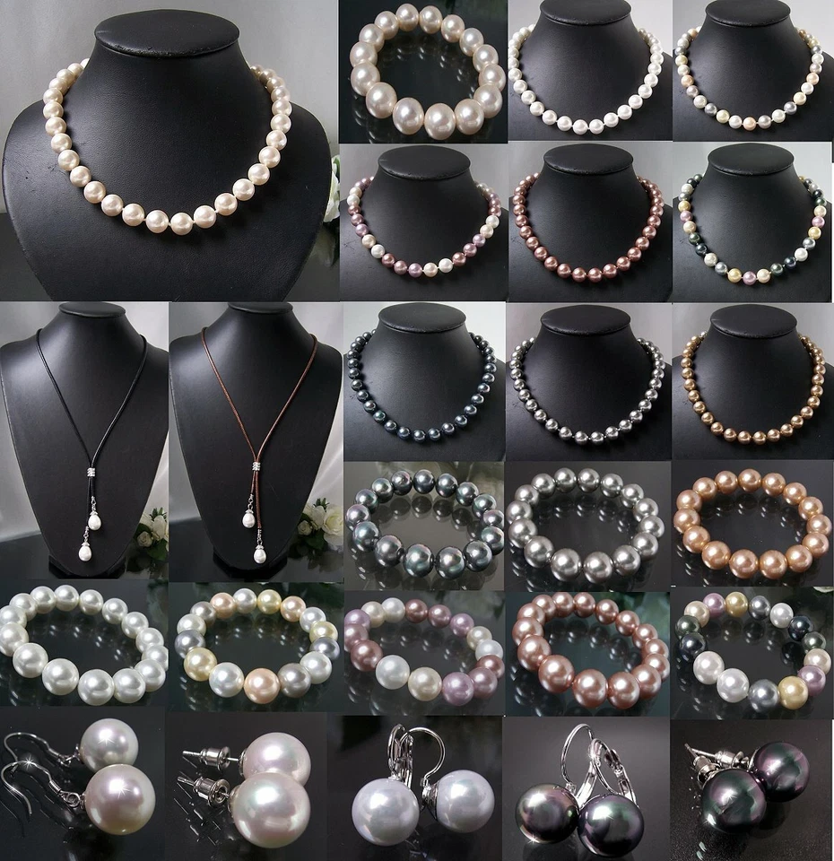 Perlenkette Perlen Armband Ohrringe Muschelkernperlen Schmuck Set Hochzeit VS7# - Bild 1 von 4