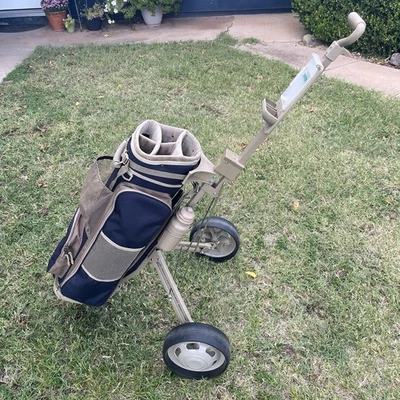 Datrek Lite Rider Golf Cart Bag 5 Way Divider Blue Tan With Pull Cart Rain Hood - Image 1 of 4