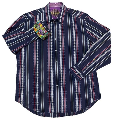 Robert Graham X Large  Mens Button Down Shirt Blue Red Grey Striped Flip Cuff - Image 1 of 4