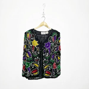 VTG 80's AVALON SILK Ladies Vintage Sequin Beaded Trophy Evening Jacket Womens M - Picture 1 of 6