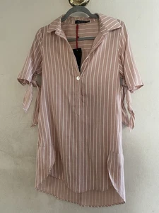 Baloot Women's Pink&White Stripe Rolltab Sleeve Hi/low Blouse-tunic Size S - Picture 1 of 7
