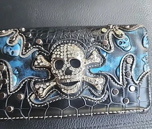 Biker Western Totenkopf Concho dreifach faltbare Clutch Geldbörse schwarz blau silber Hardware - Bild 1 von 8