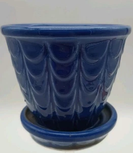 Vtg Shawnee Planter With Saucer Cobalt Blue Fishscale 3.5" - Picture 1 of 6