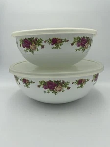 Vintage 2er Set Old Country Roses Emaillegeschirr Rührschüsseln mit Deckel - Bild 1 von 13