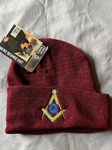 Masonic Square Compass Stocking Hat Knit Cap Maroon Embroidered Warm Winter NEW! - Picture 1 of 2