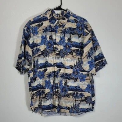 Camisa Y2K Años 90 Para Hombres Desteñida Gloria Tropical Abotonada Talla XL Cuello Azul Hawaiano Foto 1 de 4