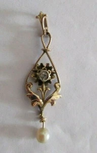 Vintage 14K Gold Diamond & Pearl Pendant Old Mine Cut Diamond=.10 F-VS2 - Picture 1 of 7