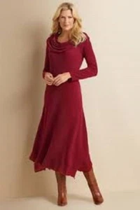 Soft Surroundings B'Call Crimson Red Knit Jersey Drape Neck Hi Low Dress L $128 - Picture 1 of 1