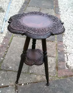 ANTIQUE INDIAN 2 TIERED TRIPOD CARVED SIDE TABLE 19 c - Picture 1 of 6