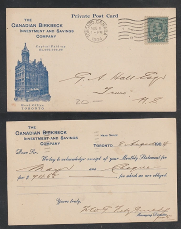 The Canadian Birkbeck Investment and Savings Company Private Postcard Circa 1904 - Image 1 of 4