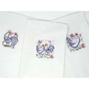 Kitchen Tea Towels Purple Rooster And Hen Set Of 3 Embroidered 5 X 5" Design New - Picture 1 of 12