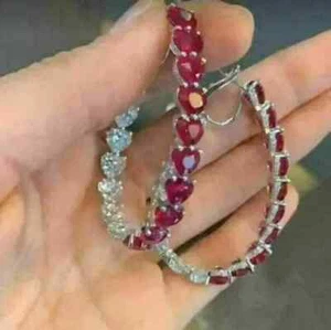 925 Sterling Silver 4.20Ct Heart Cut Lab-Created Red Ruby Clip-On Hoop Earrings - Picture 1 of 7