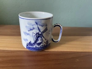 Delfts Blauw Handpainted Blue And White Cup Flowers And Windmill Holland 3” - Picture 1 of 7
