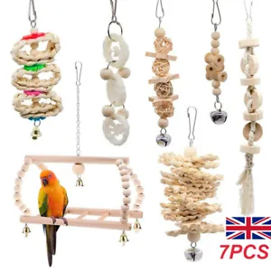 7PCS Parrot Toys Set Budgie Cockatiel Bird Cage Hanging Hammock Chewing Swing UK - Picture 1 of 7