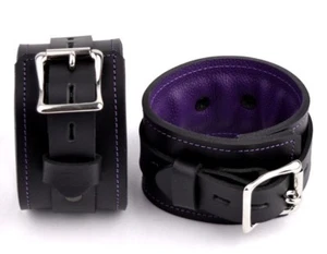 ANKLE BLACK & PURPLE cuffs premium PADDED Handcrafted Leather Locking CF1APplBlk - Picture 1 of 3