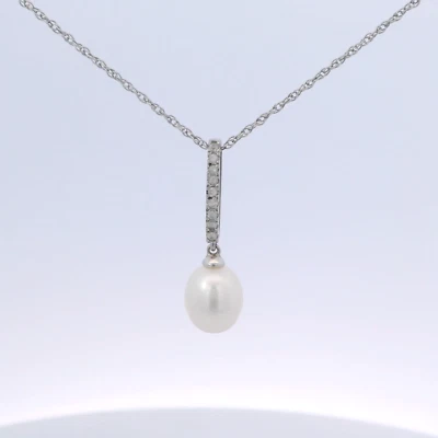 Argento Sterling 8mm Acque Dolci Coltivata Bianco Perla Zaffiro Ciondolo Collana - Immagine 1 di 4