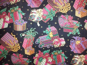 LINED WINDOW VALANCE 42X12 MERRY CHRISTMAS PRESENT WRAPPING GIFT BOXES BOW GOLD - Picture 1 of 4
