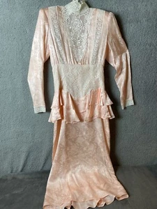 Jessica McClintock Womens Dress 8 Pink Silk White Lace Ruffles High Neck Buttons - Picture 1 of 23