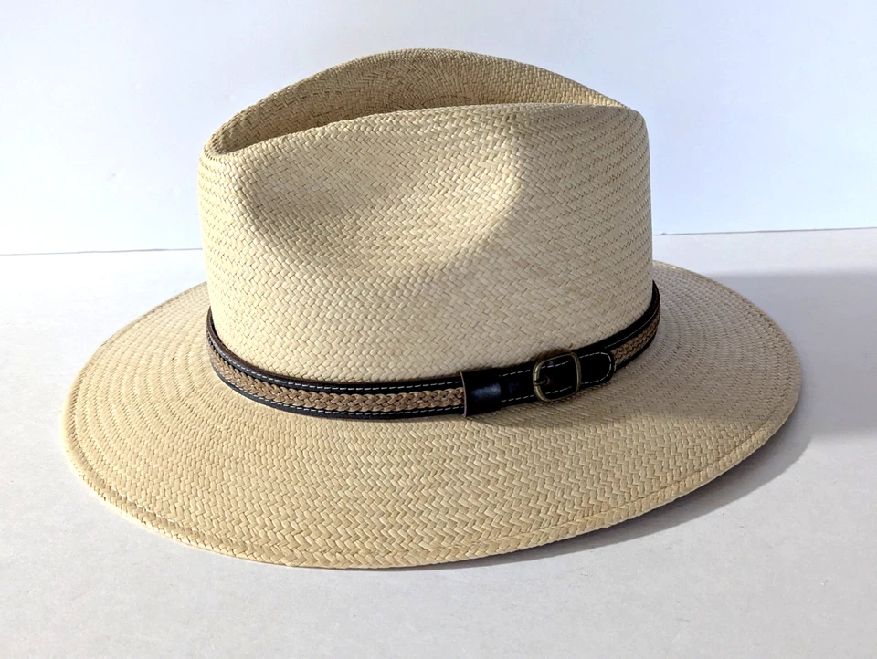 Винтажная унисекс бежевая вручную сплетенная Эквадорская соломенная шляпа с полями 3 дюйма с ремешком один размер Town Talk - Изображение 1 из 4