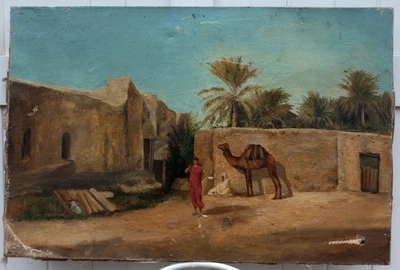 GRANDE TOILE ORIENTALISTE XIXe...A RESTAURER...PAYSAGE ANIMÉ EN ALGÉRIE, SIGNÉ ? - Photo 1/4