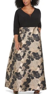 Adrianna Papell Black Jersey Top Jacquard Gold Floral Maxi Gown Dress Size 20W - Picture 1 of 5