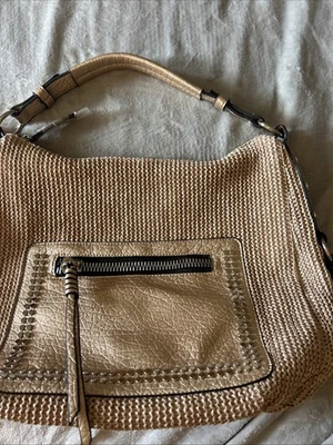 Gold Color Woven Purse Pockets Zipper Texture Trim BL Shoulder Strap Fall Winter - Image 1 of 4