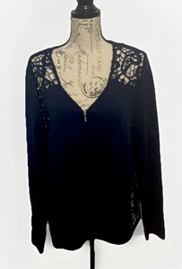 Chico’s Women’s Sz 2 (L) Navy Blue Boho Coastal Knit Sweater Zip Front Top - Picture 1 of 12