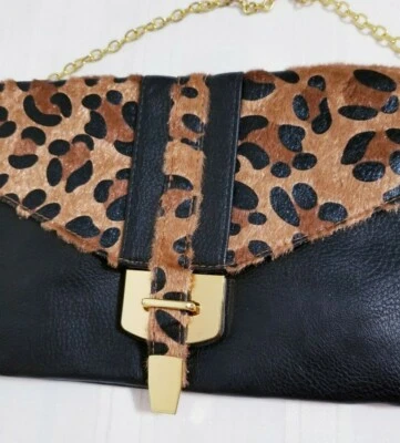 Lp Blue LINEA PELLE  Faux  BLACK Leather SHOULDER BAG W/CHAIN STRAP Animal PRINT - Image 1 of 4