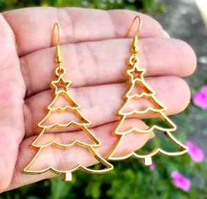 Gold Christmas Tree Earrings Large Christmas Earrings Holidays Christmas Jewelry - Picture 1 of 9