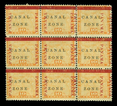 CANAL ZONE (US) 1904 Map of Panama Ovpt. 10c yellow Sc#13d mint MH/NH BLOCK of 9 - Image 1 of 2