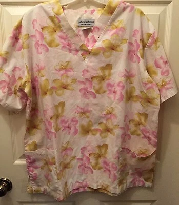 NATURAL UNIFORMS SCRUB TOP Womens M Medium V-Neck Cream Yellow Pink Floral Print - Image 1 of 4
