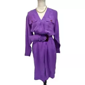 Vintage, 80s 100% Silk, Purple Belted Dress. Size: 10 - Picture 1 of 9