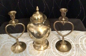 Vintage Brass Urn w/ Lid Jar 9.5” Tall Comes with 2 Heart Shaped candle holders - Picture 1 of 7