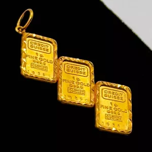 Ciondolo in oro 14k con tre lingotti d'oro Credit Suisse 1g puro al 99,9% (YiA)25 - Foto 1 di 5