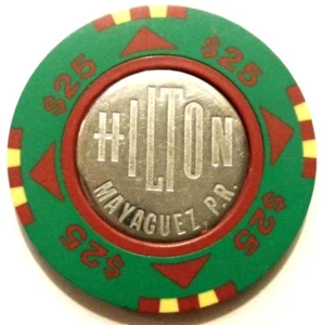 $25 MAYAGUEZ HILTON GREEN RED YELLOW COIN Casino Poker Chip Puerto Rico BudJones - Picture 1 of 7