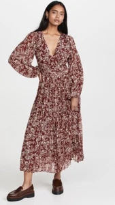 En Saison Paisley Pleated Midi Dress Size L Rust Red Puff Sleeve V-Neck - Picture 1 of 8