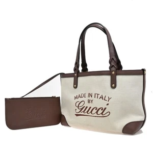 GUCCI Logo Shoulder Hand Tote Bag Pouch Canvas Leather Brown Beige Italy 72FB660 - Picture 1 of 18