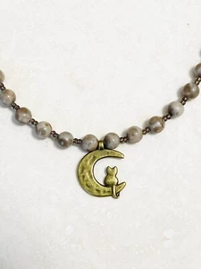 Cute Bronze Cat on the Moon Pendant + Brown Agate Beaded Necklace - Picture 1 of 8