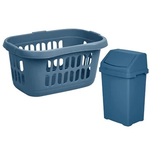 60L Hipster Laundry Basket + 25L Swing Top Bin Kitchen Garden Plastic - Navy - Picture 1 of 21