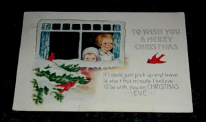 ANTIKE FEIERTAGSPOSTKARTE - WEIHNACHTEN - KINDER SPÄHEN ZUM FENSTER - Bild 1 von 3